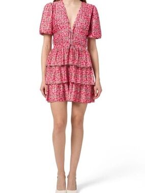 Wayf Pink Tiered V-Neck Mini Dress